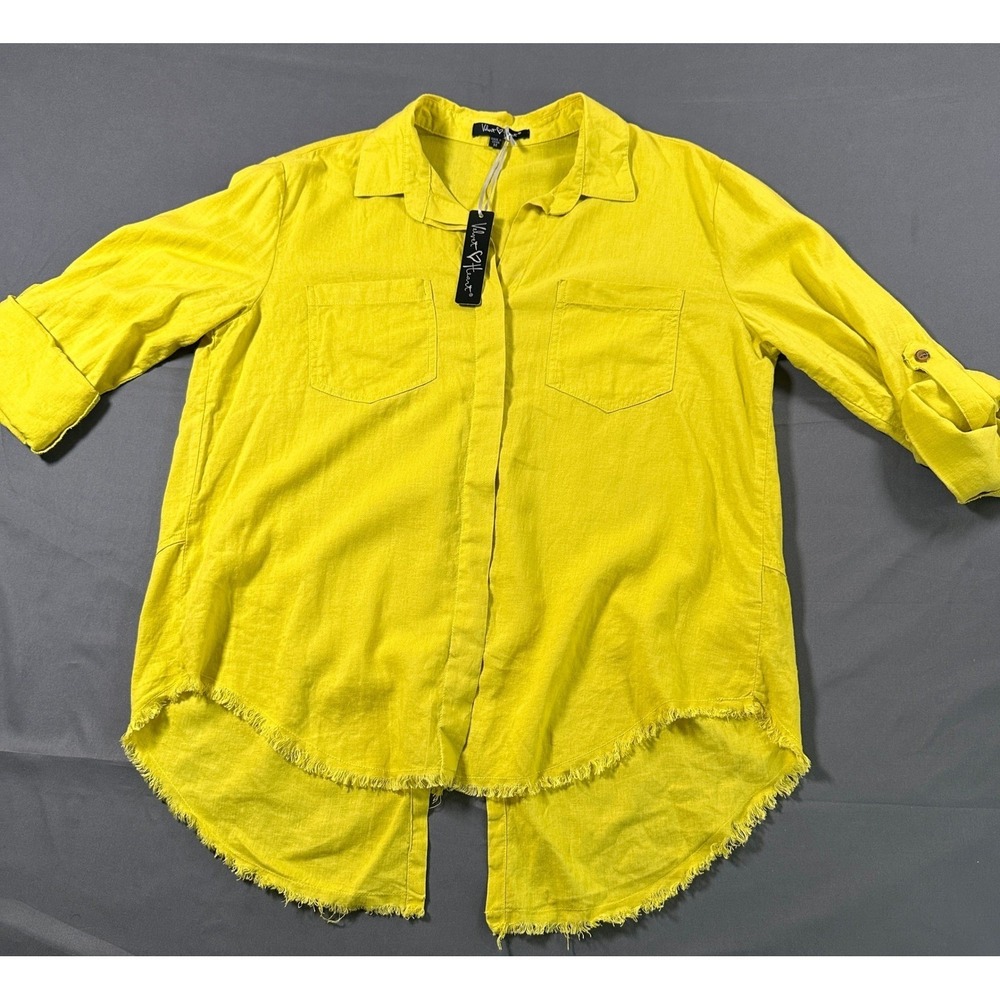 Velvet Heart Citron Yellow Linen Blend Frayed Hem Roll Tab Shirt‎ 2U1-2931F M